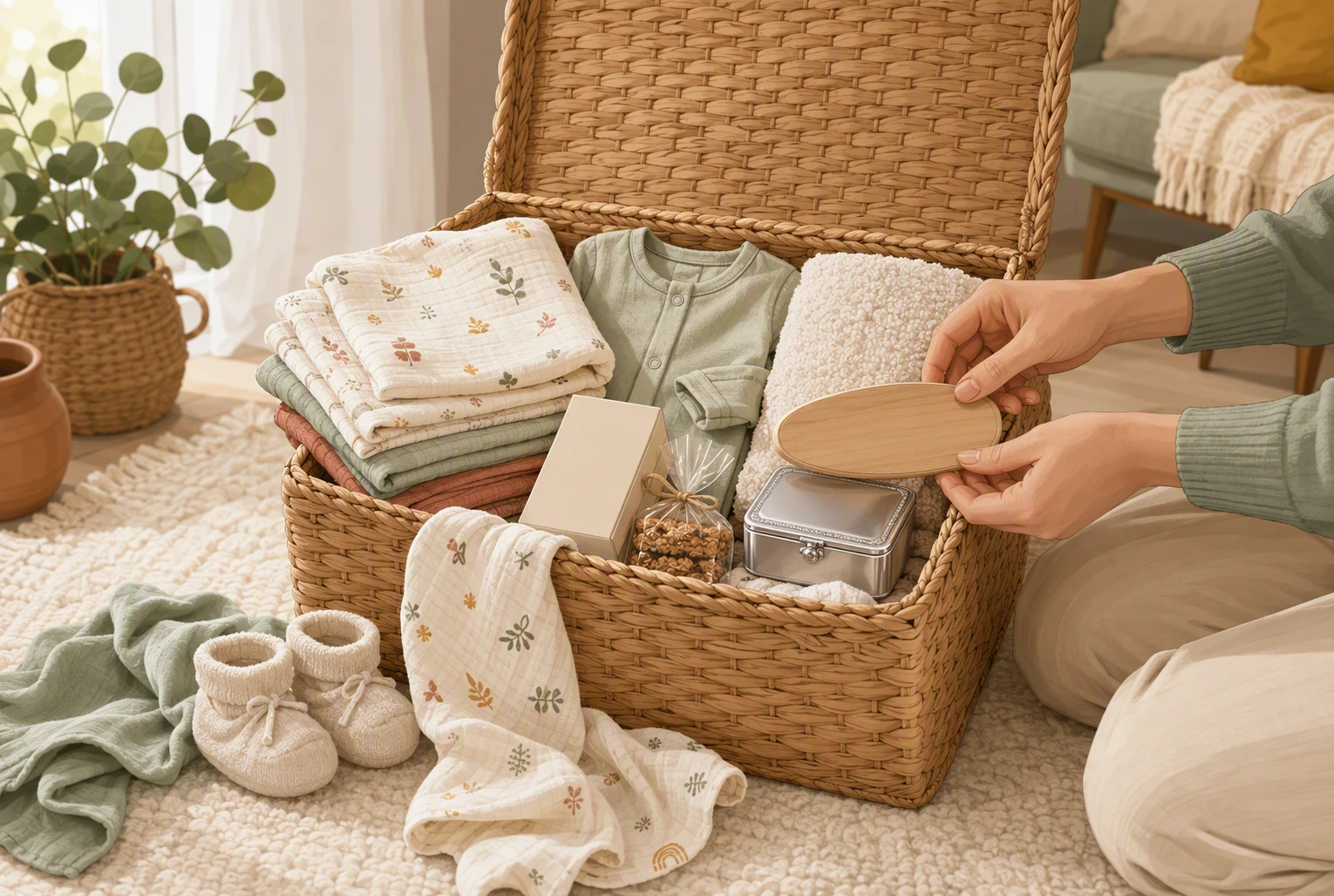 A woven hamper with muslins, sleepsuit, and keepsake