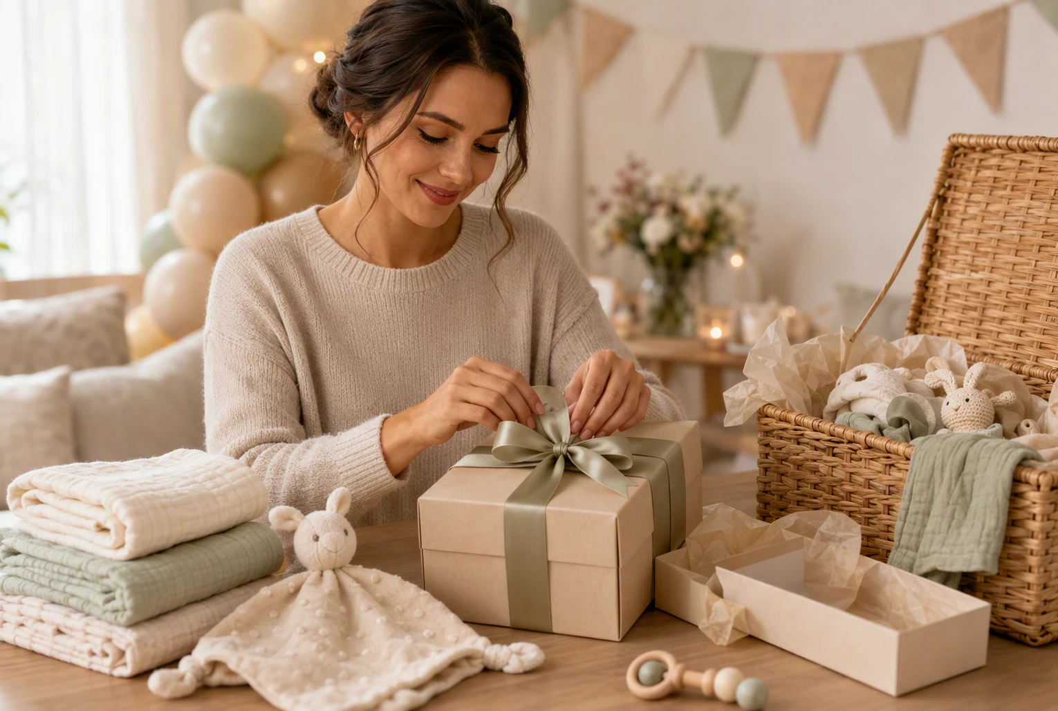 Guest arranging neutral muslins beside wrapped gift box