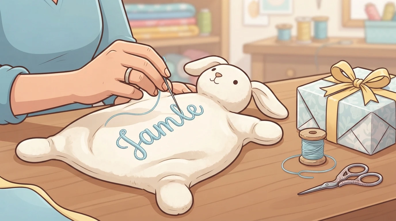 Hands embroidering a baby comforter with gifts