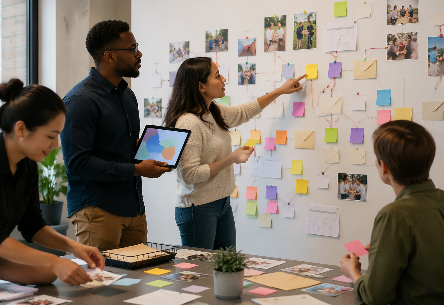 Nonprofit team reviewing email and event flow on office wall