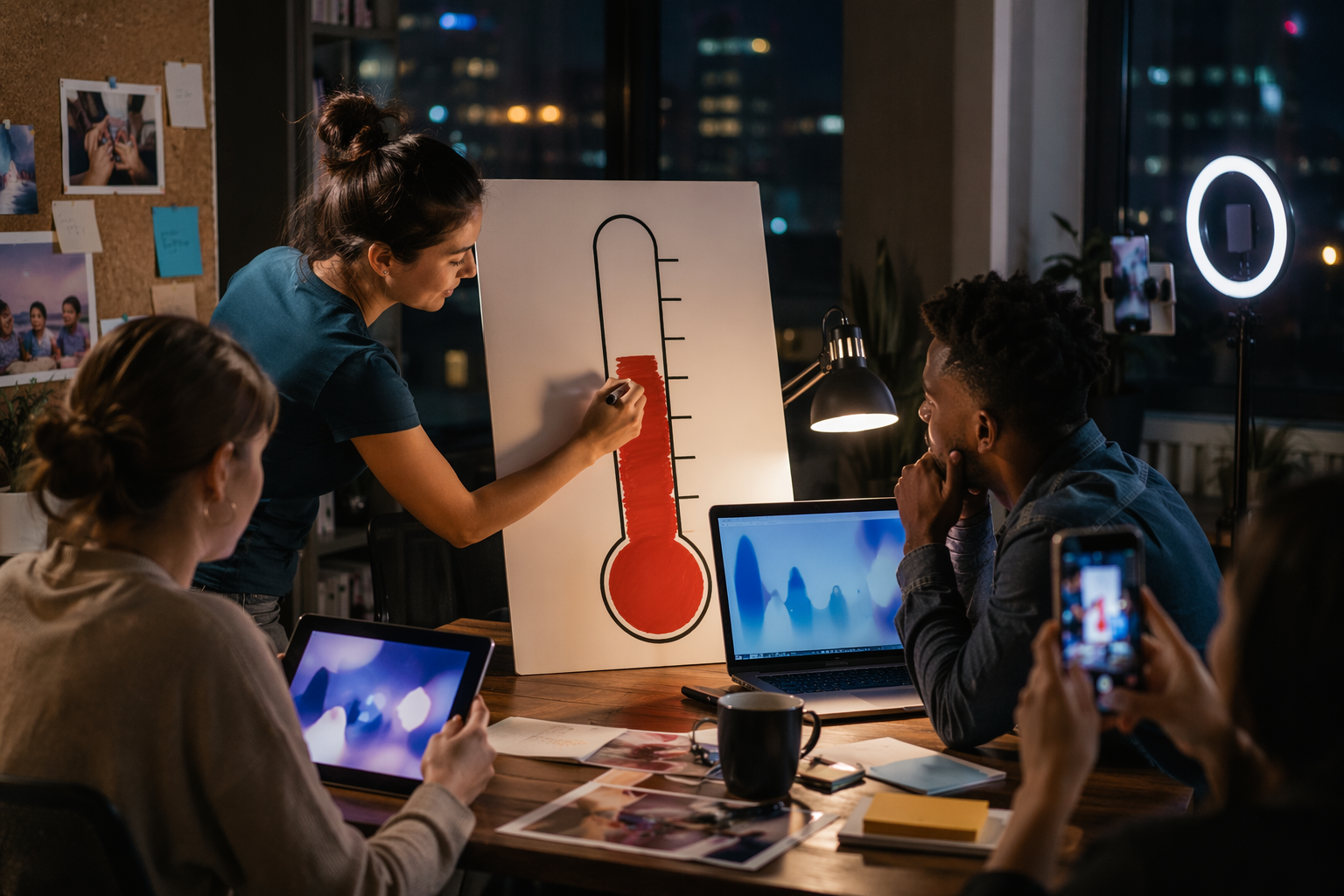 Nonprofit team updating donation thermometer at night