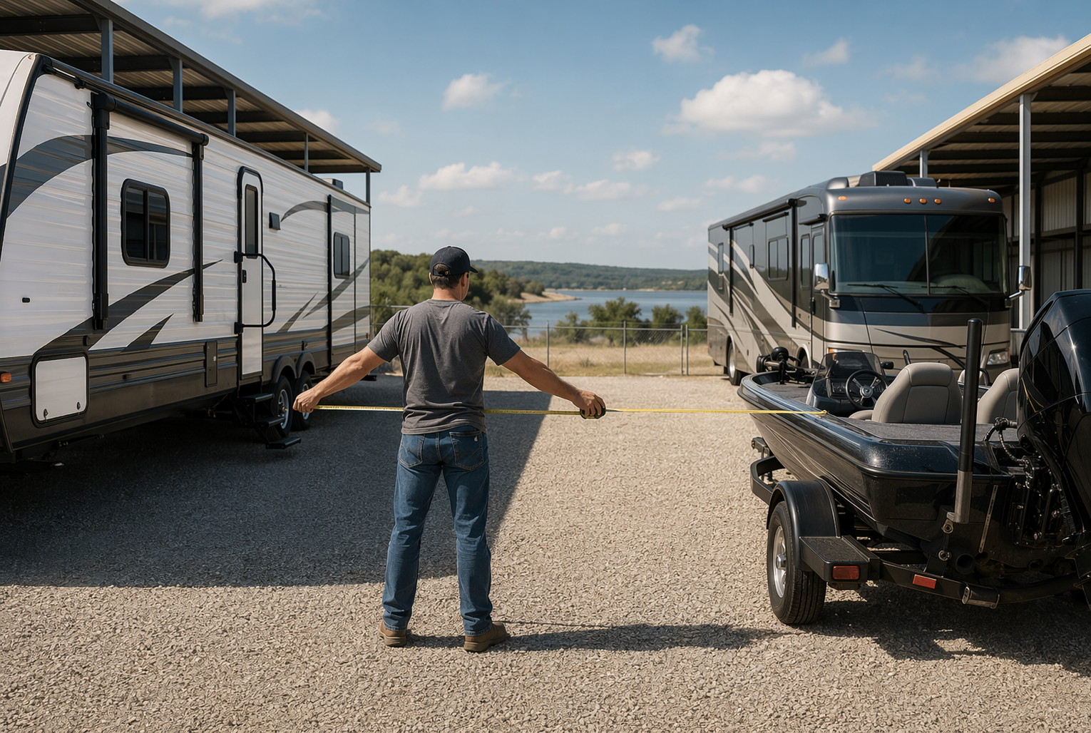 RV owner inspecting storage lane beside parked trailer and fishing boat
