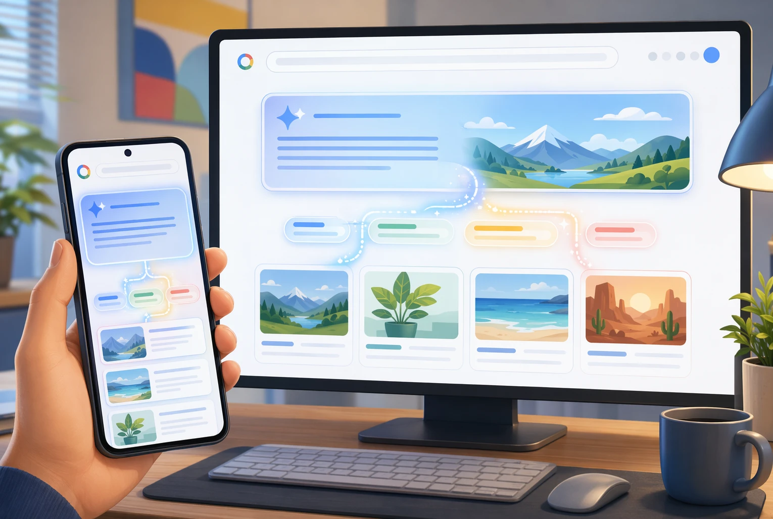 Side-by-side mobile and desktop screens displaying AI-driven search summaries