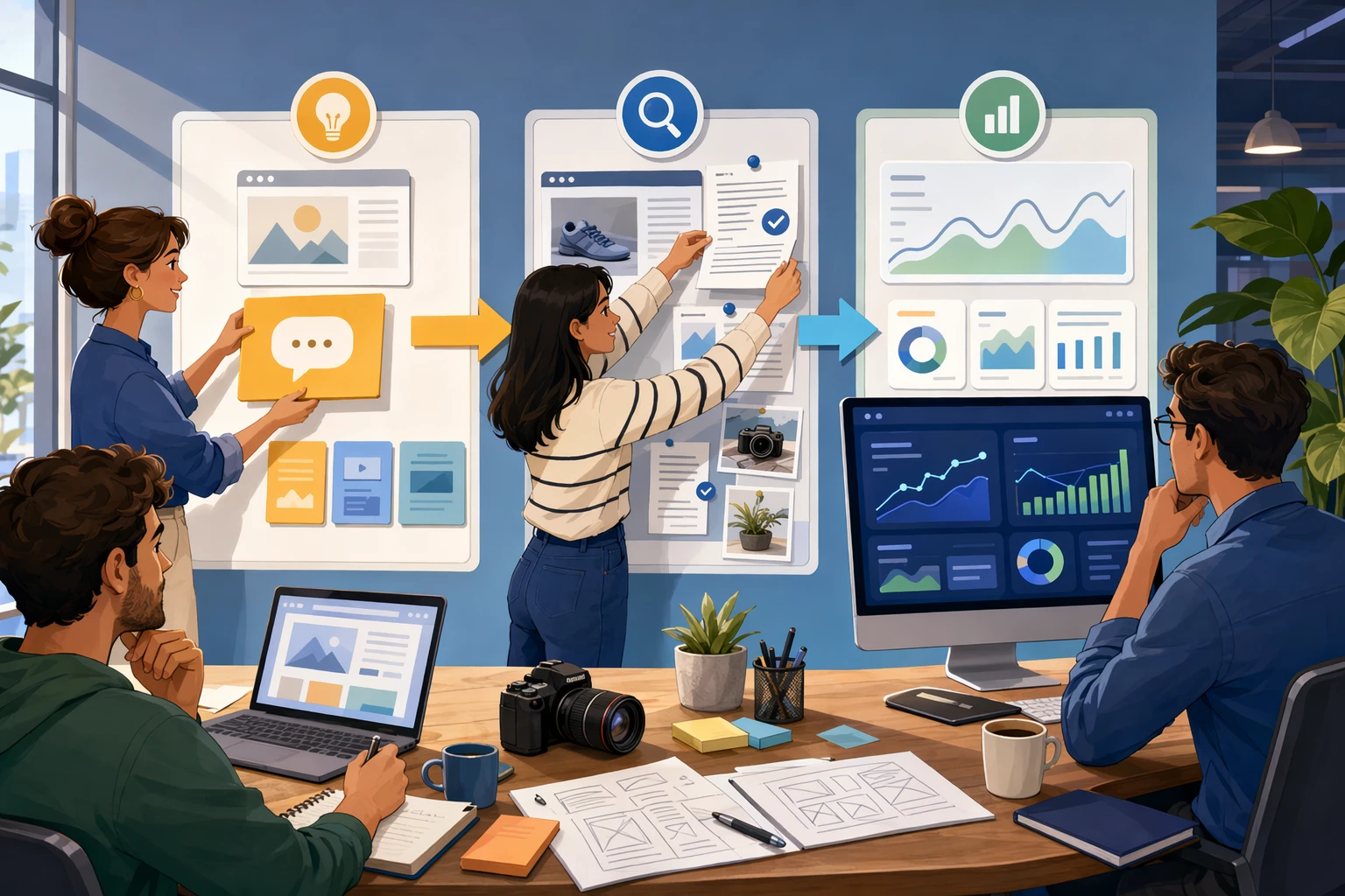 Flowchart of brand content strategy steps with dashboards