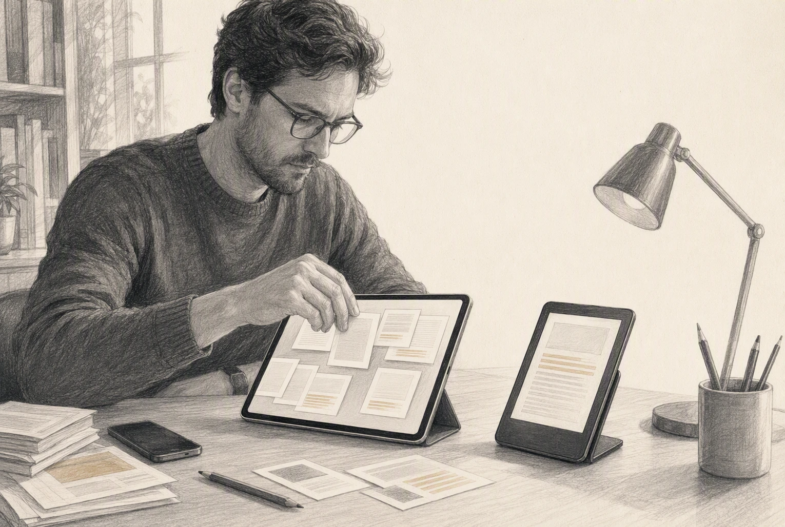 Researcher organizing saved articles beside an open Kindle