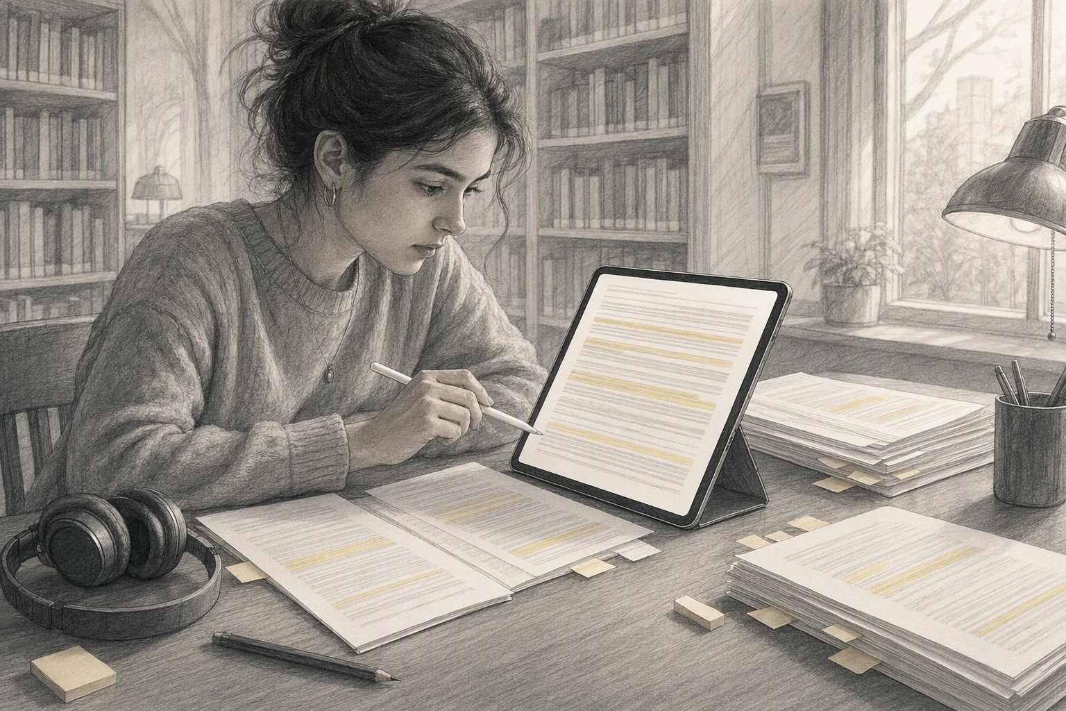 Graduate student comparing iPad highlights with research PDFs