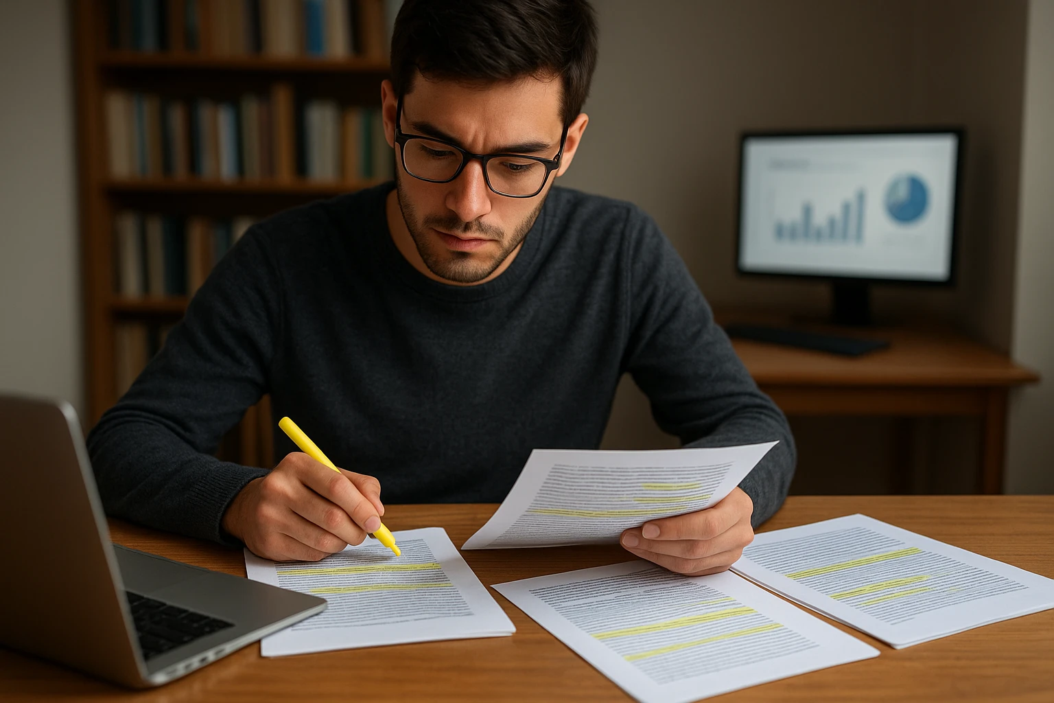 Graduate student comparing highlighted research pages