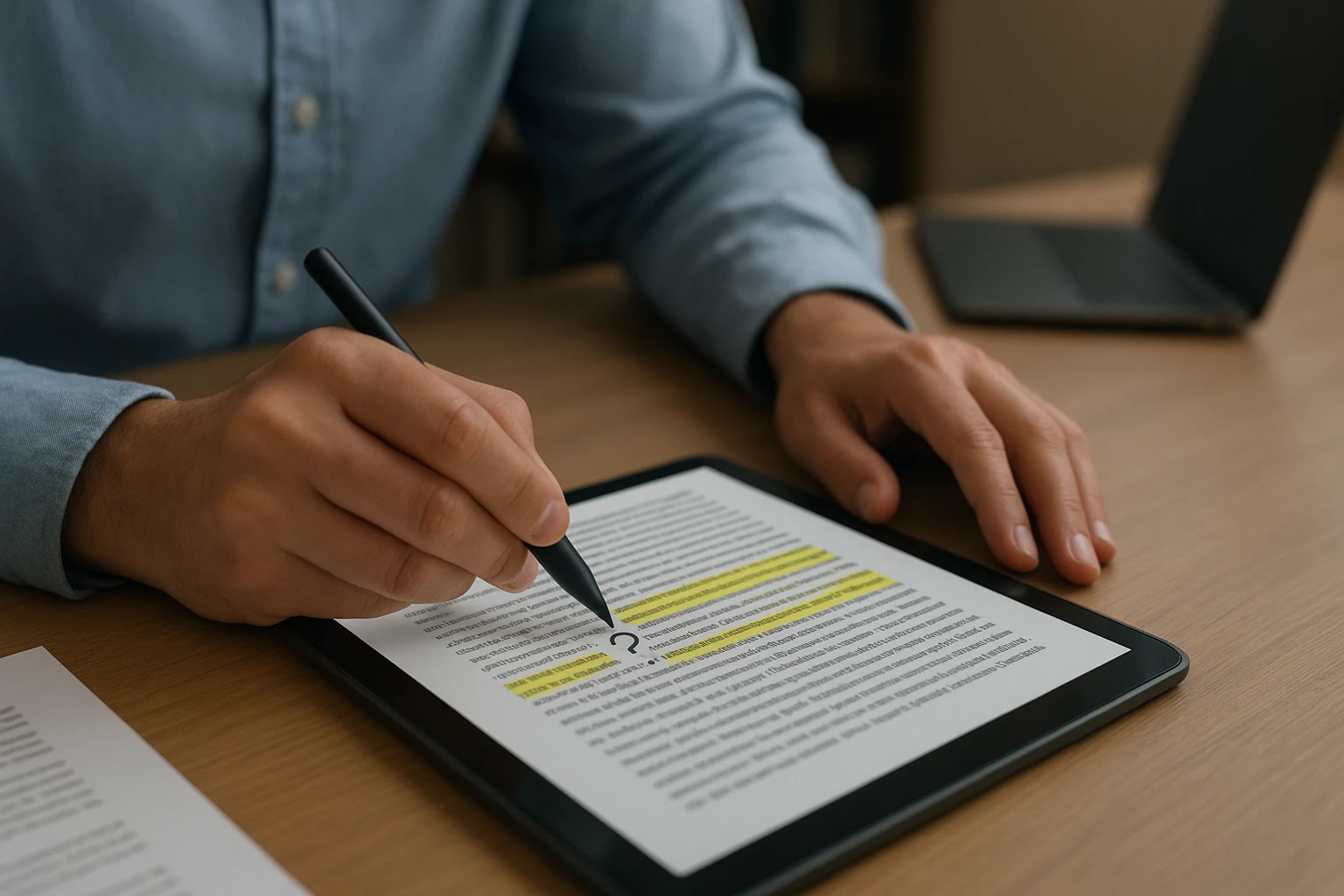 Researcher writing margin question beside highlighted tablet text