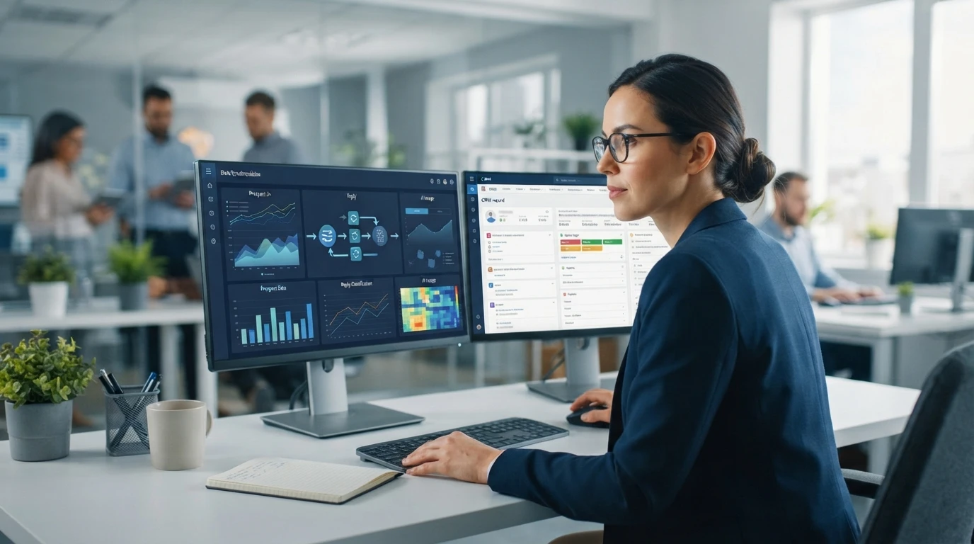 Analyst reviewing data sync on monitors