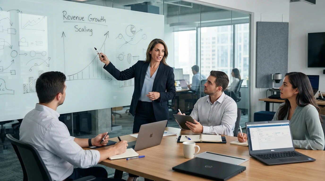 Sales team planning growth near whiteboard