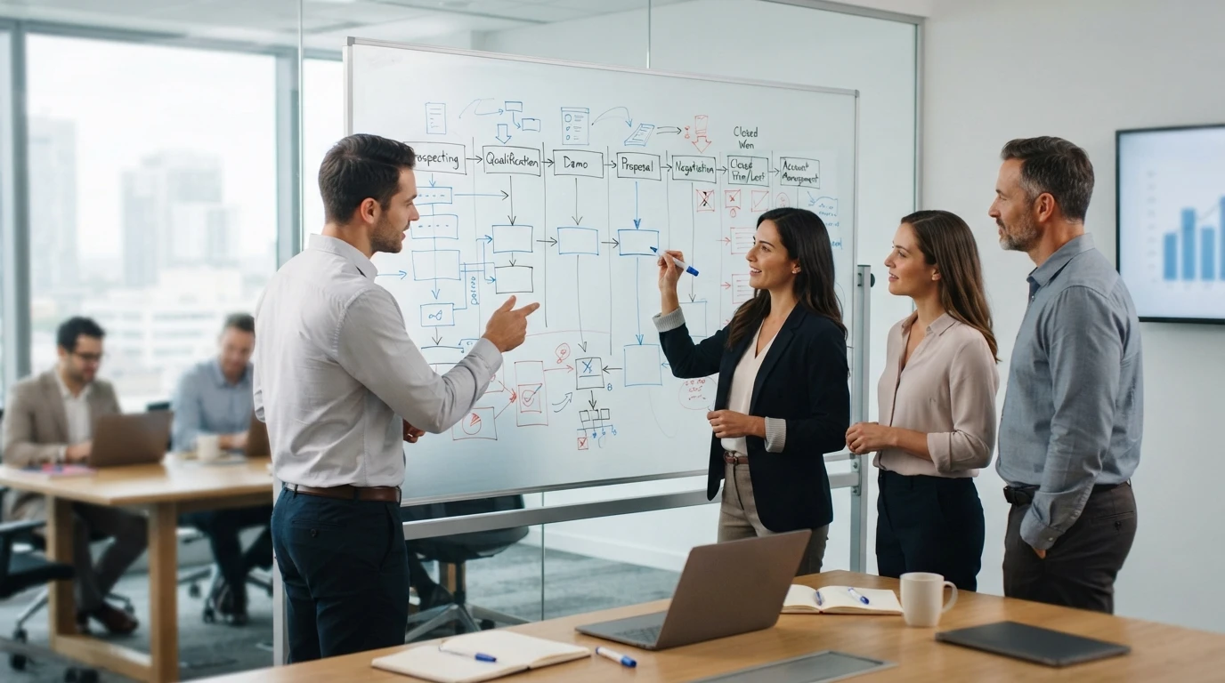 Sales team sketching pipeline stages on a whiteboard
