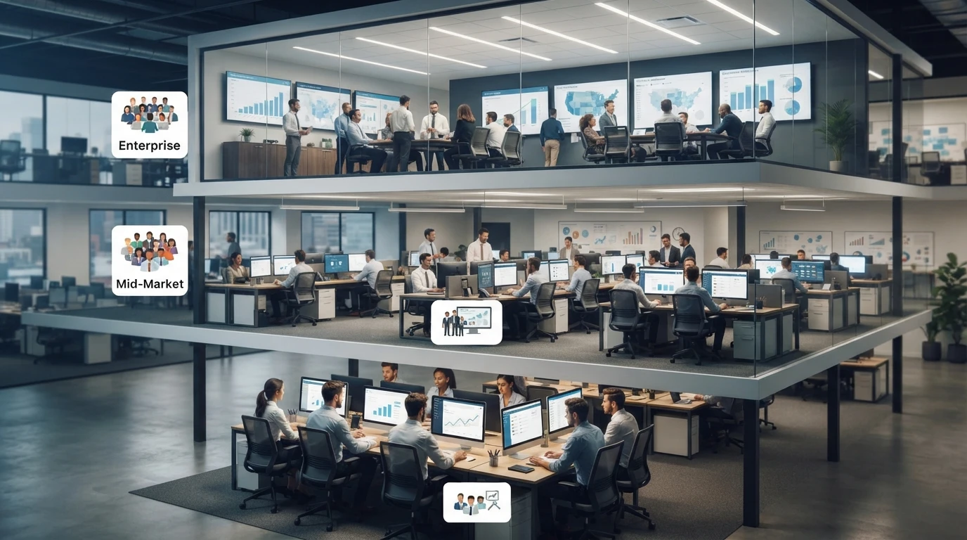Three sales team tier icons representing SMB, mid-market, and enterprise