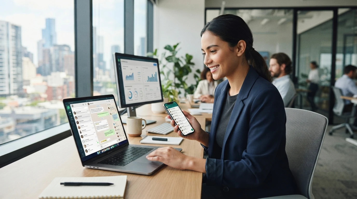 Sales representative managing WhatsApp chats on devices