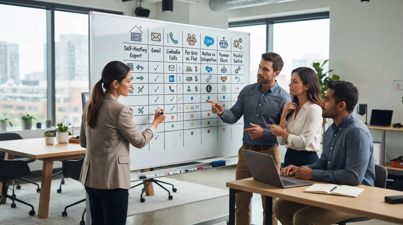 Sales team reviewing a whiteboard vendor checklist