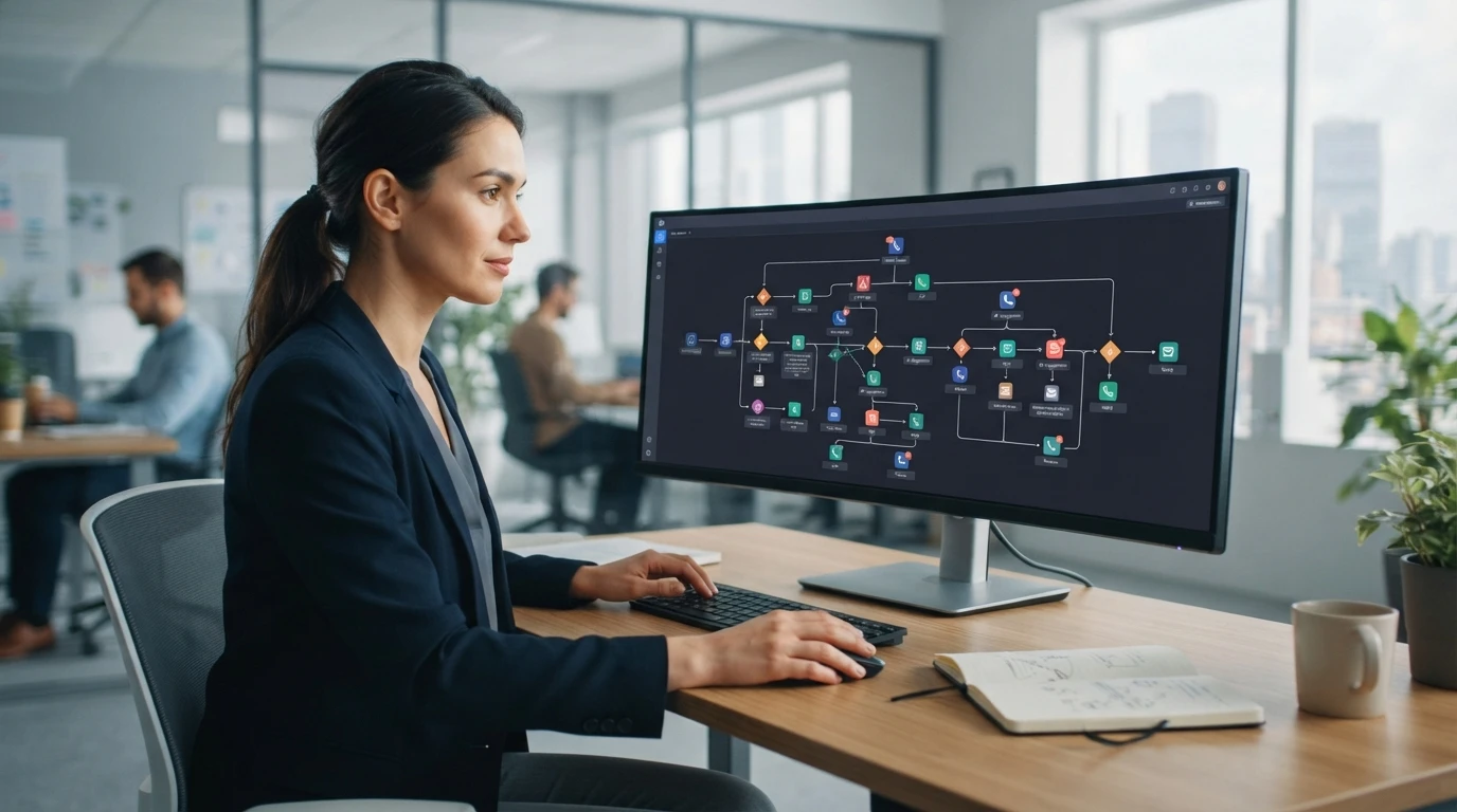 Sales rep reviewing workflow on monitor