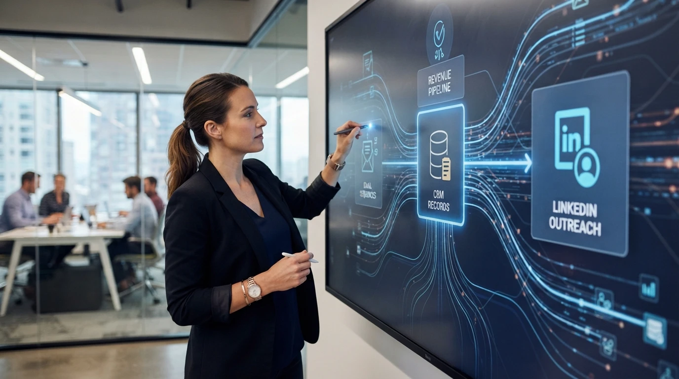 Sales operations leader connecting workflow tiles on a large screen
