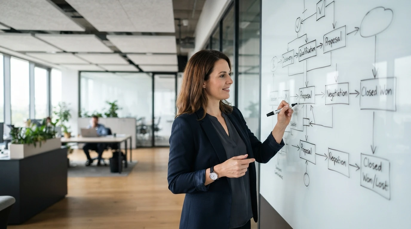Sales manager sketching a flowchart on a whiteboard