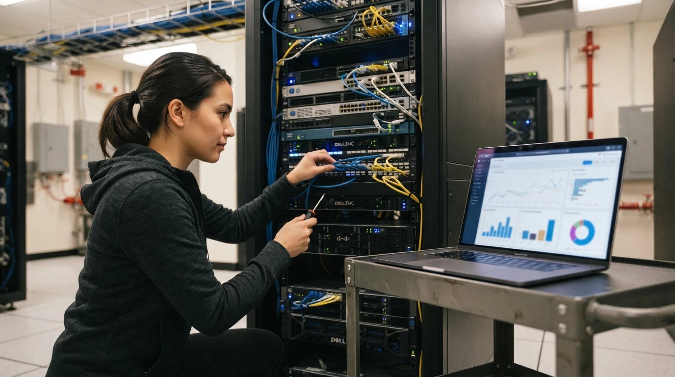 Engineer deploying software on server rack beside laptop