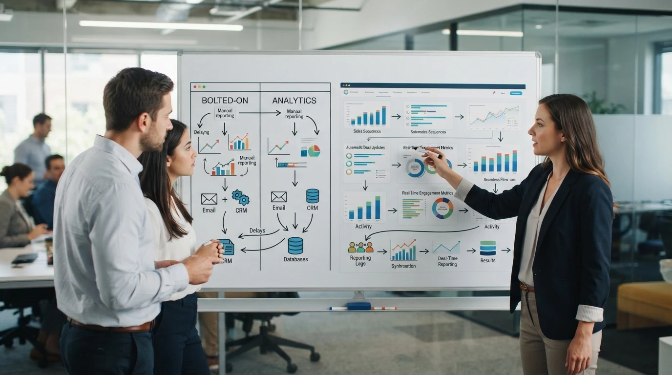 Sales team discusses unified dashboard over whiteboard
