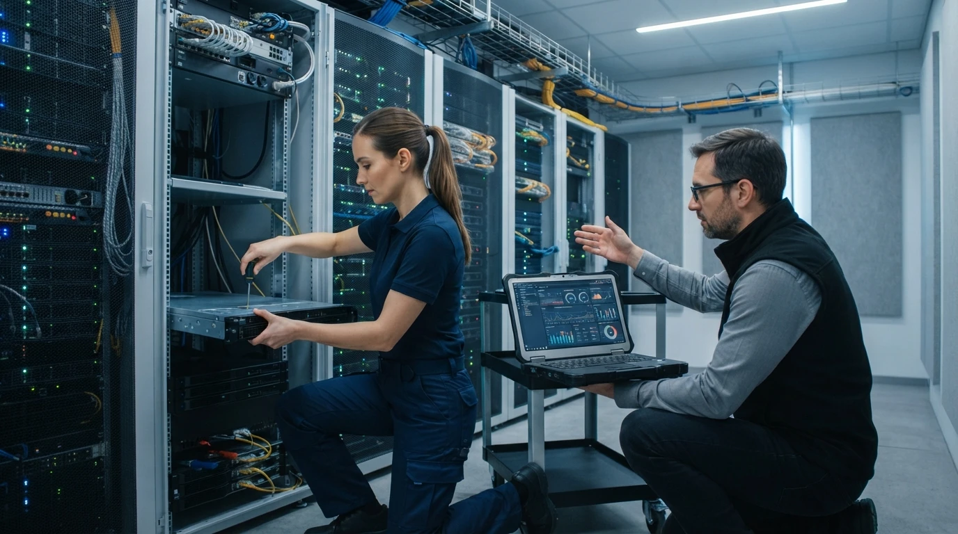 IT team managing servers in a server room
