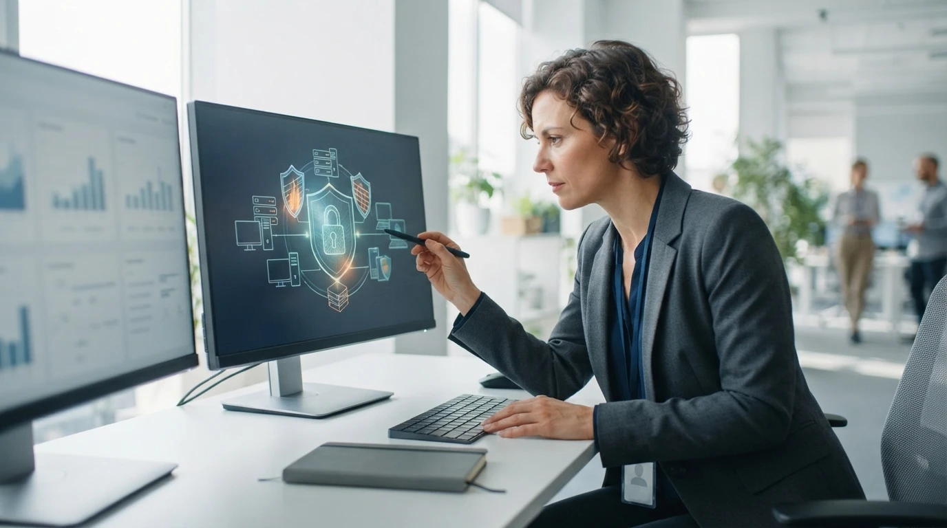 Compliance officer reviewing padlock-and-server diagram