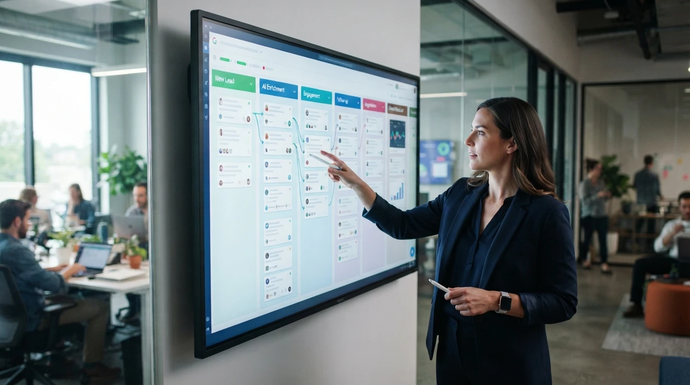Sales rep reviewing an automated lead workflow dashboard