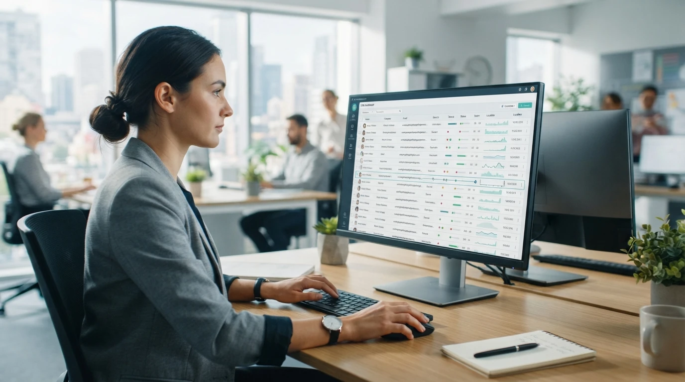 Analyst reviewing deduplicated contacts on a monitor