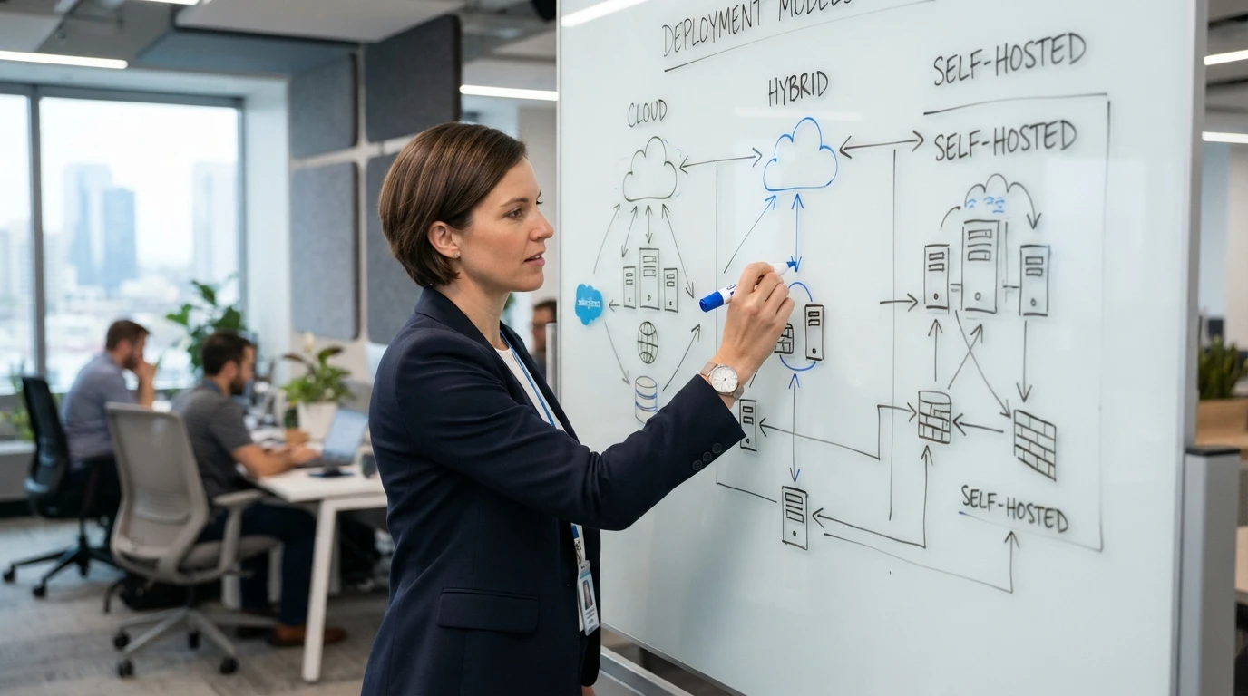 Sales ops leader sketching deployment architecture on whiteboard