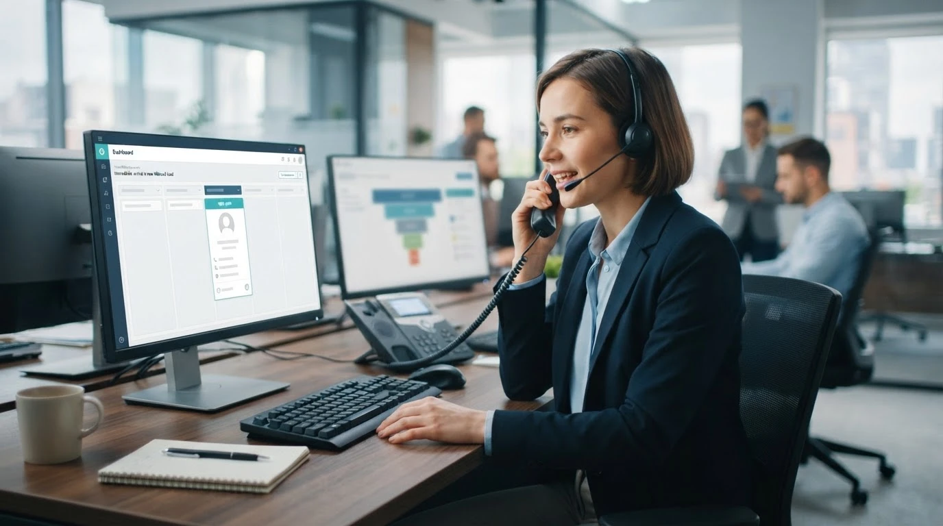 Sales rep answering a ringing phone near CRM dashboard