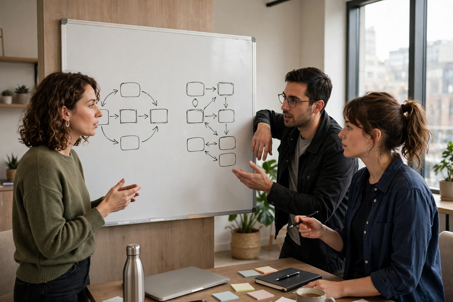 Startup sales team debates CRM workflows beside whiteboard