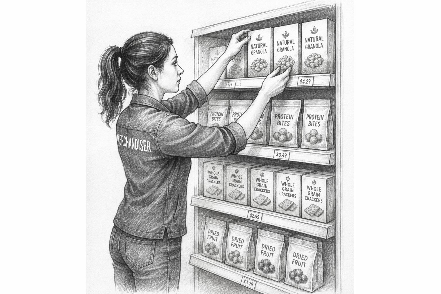 Merchandiser organizing retail shelves