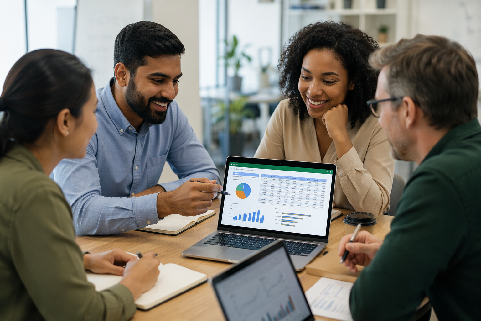 Team analyzing spreadsheet data together