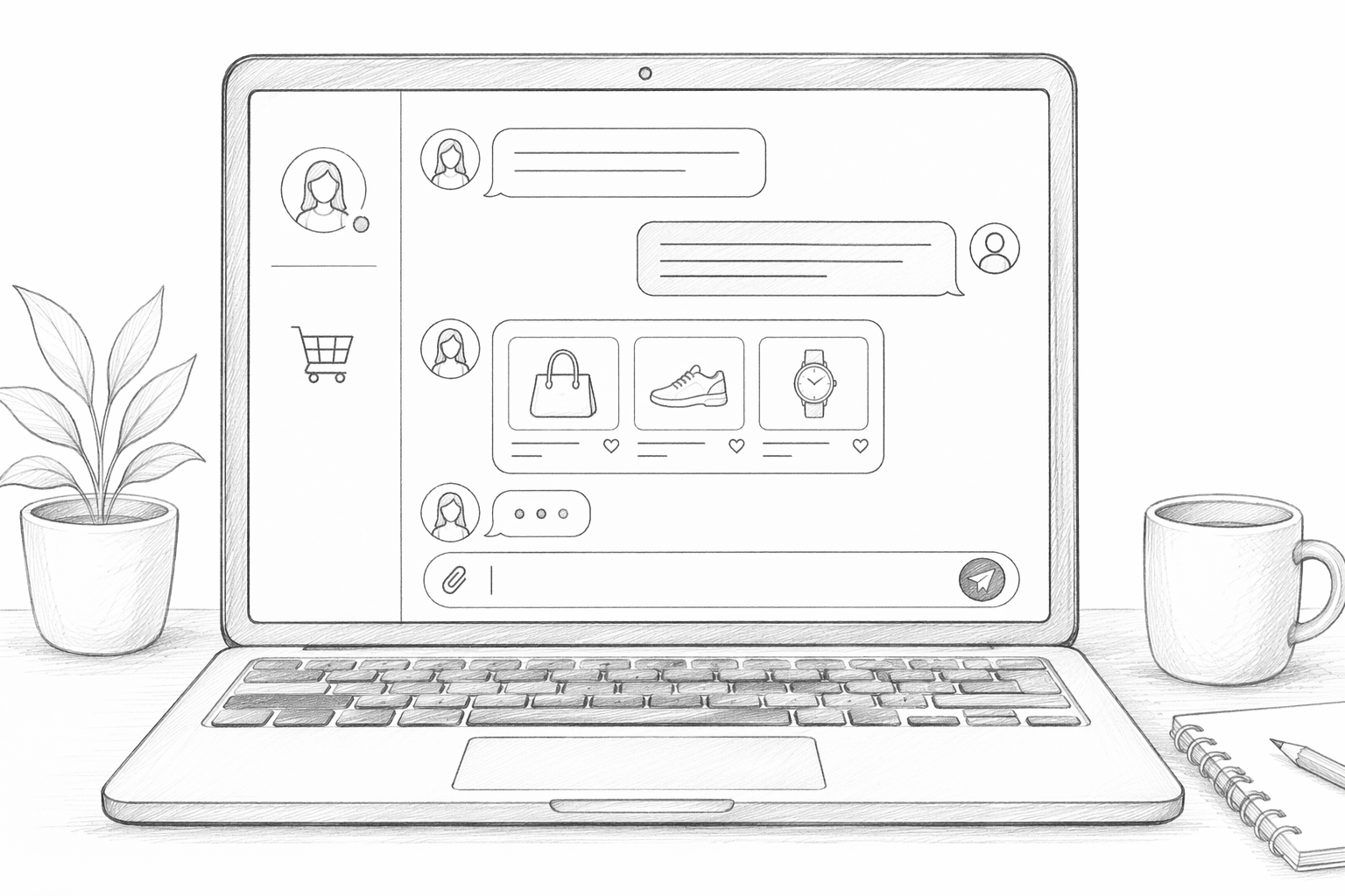 Pencil sketch of online shopper chat window