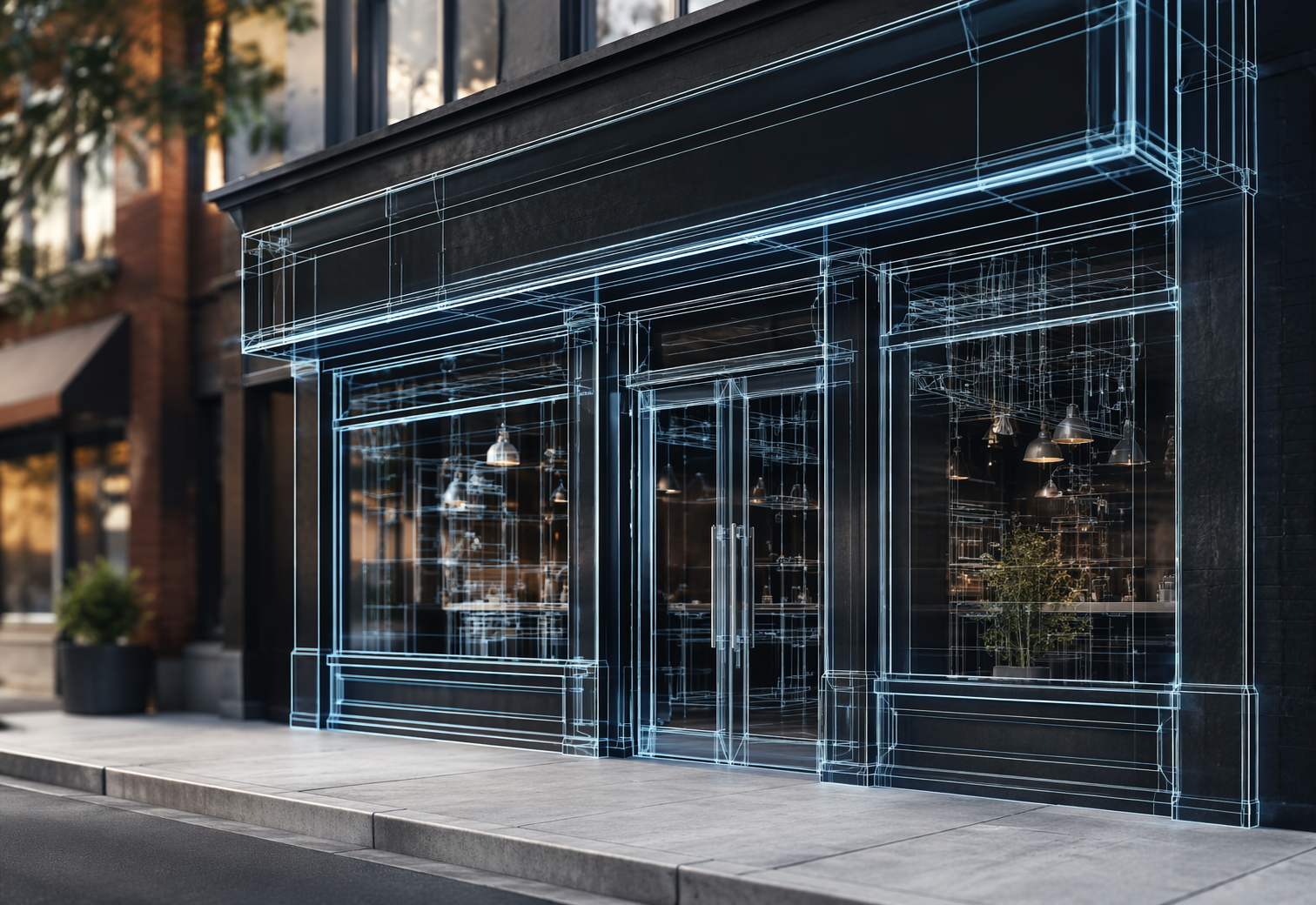 Storefront wireframe sketch on digital tablet