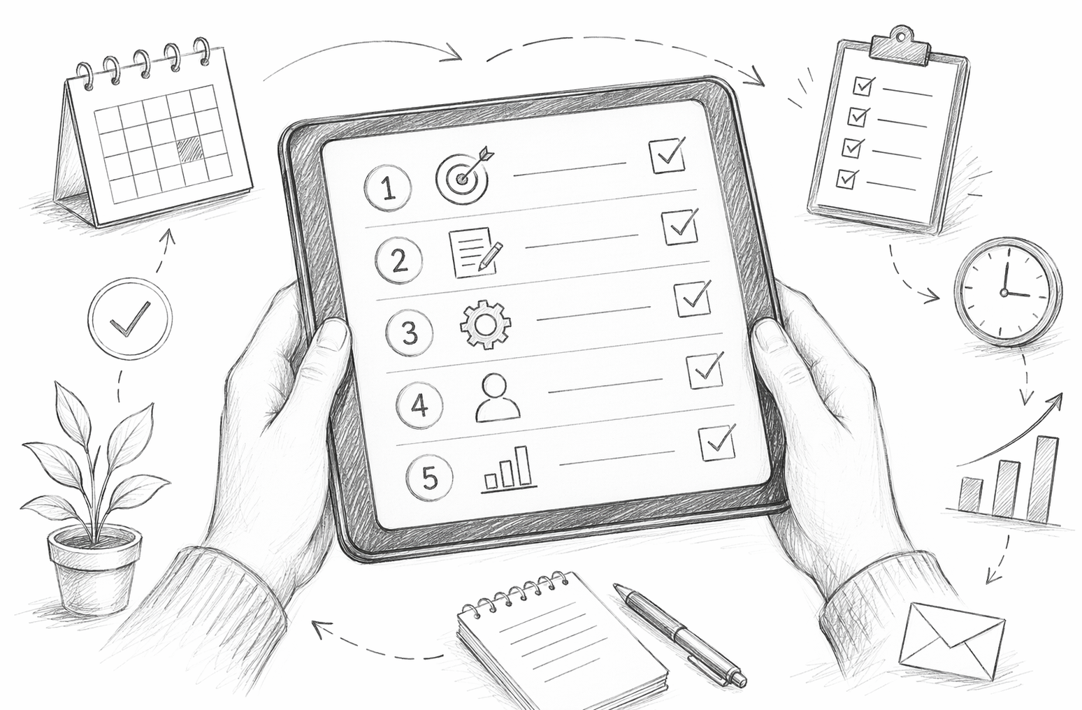 Pencil sketch of checklist on tablet