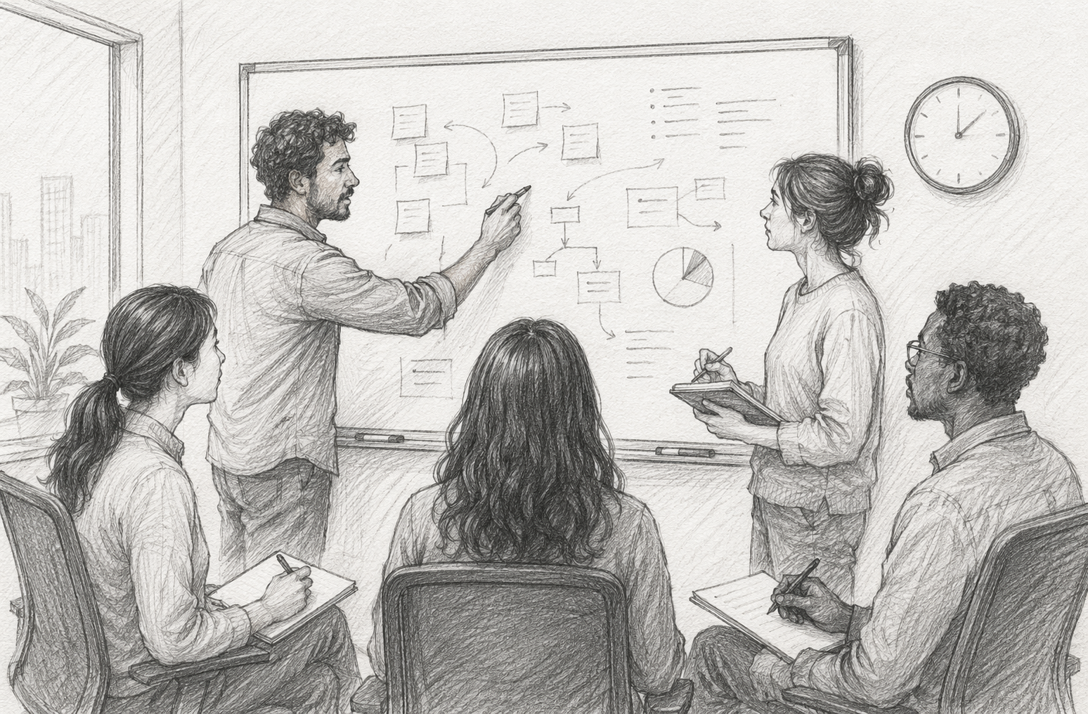 Team collaborating around whiteboard sketch