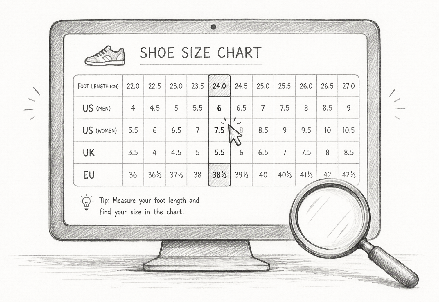 Pencil sketch of shoe size chart on screen