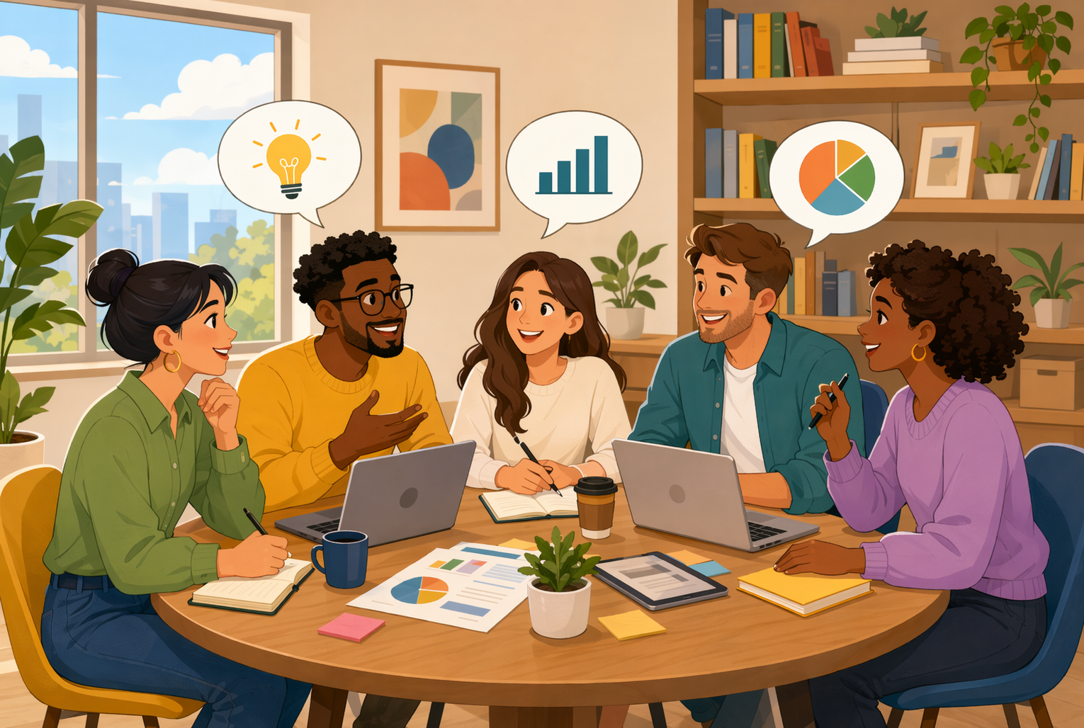 Team collaborating around meeting table