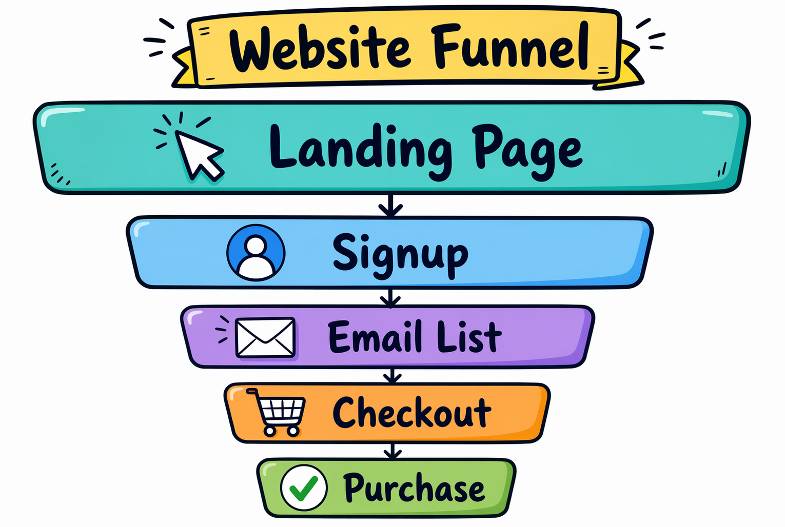 Cartoon website funnel diagram illustration