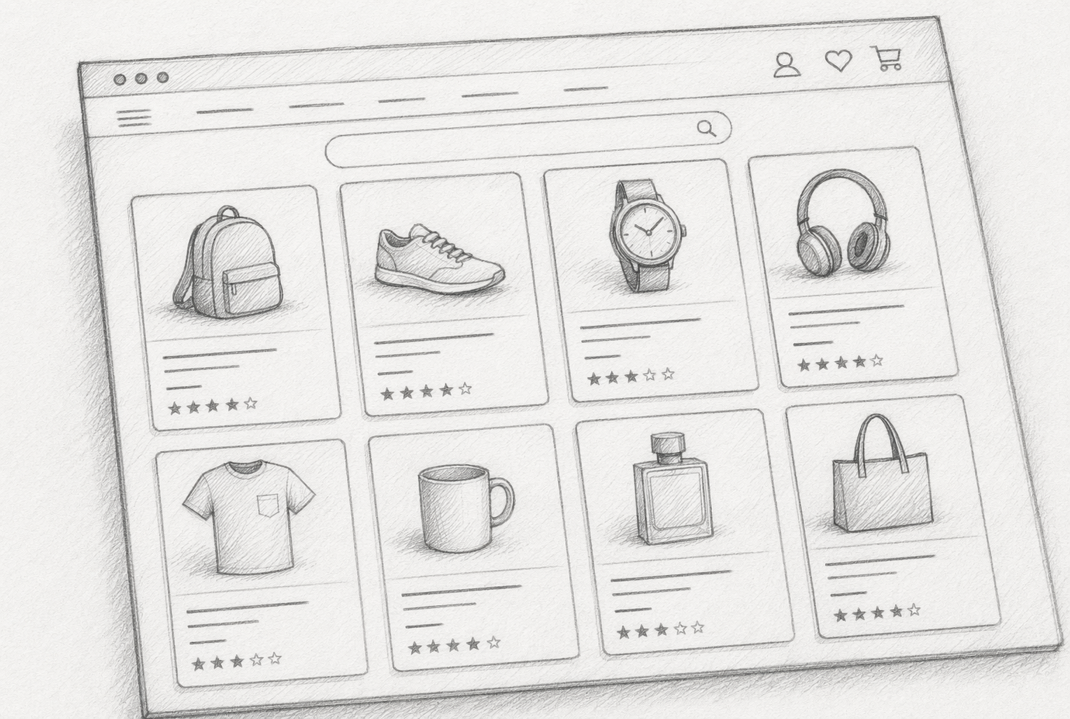 Pencil sketch of website product grid layout