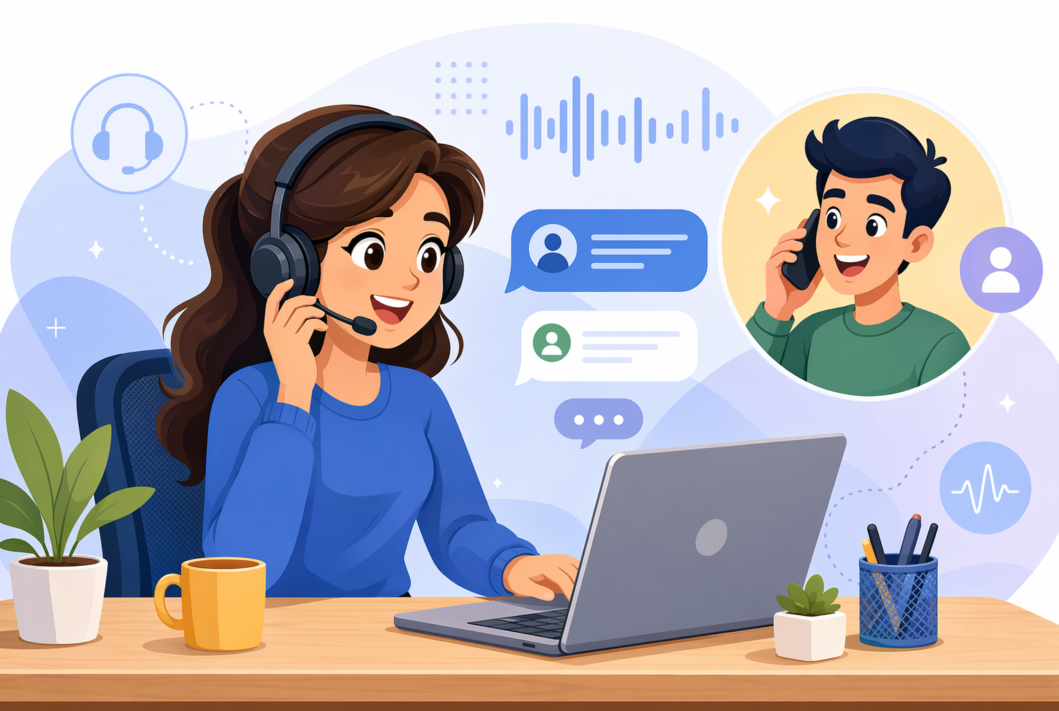 Cartoon customer support call interaction