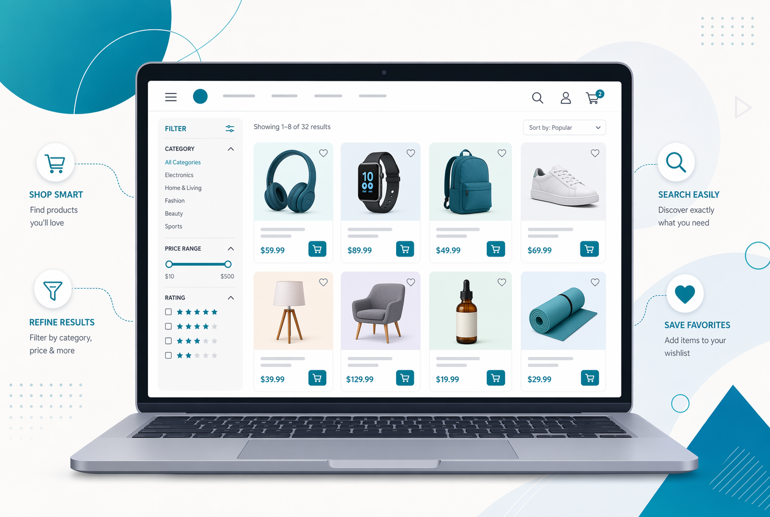 Laptop displaying personalized product grid