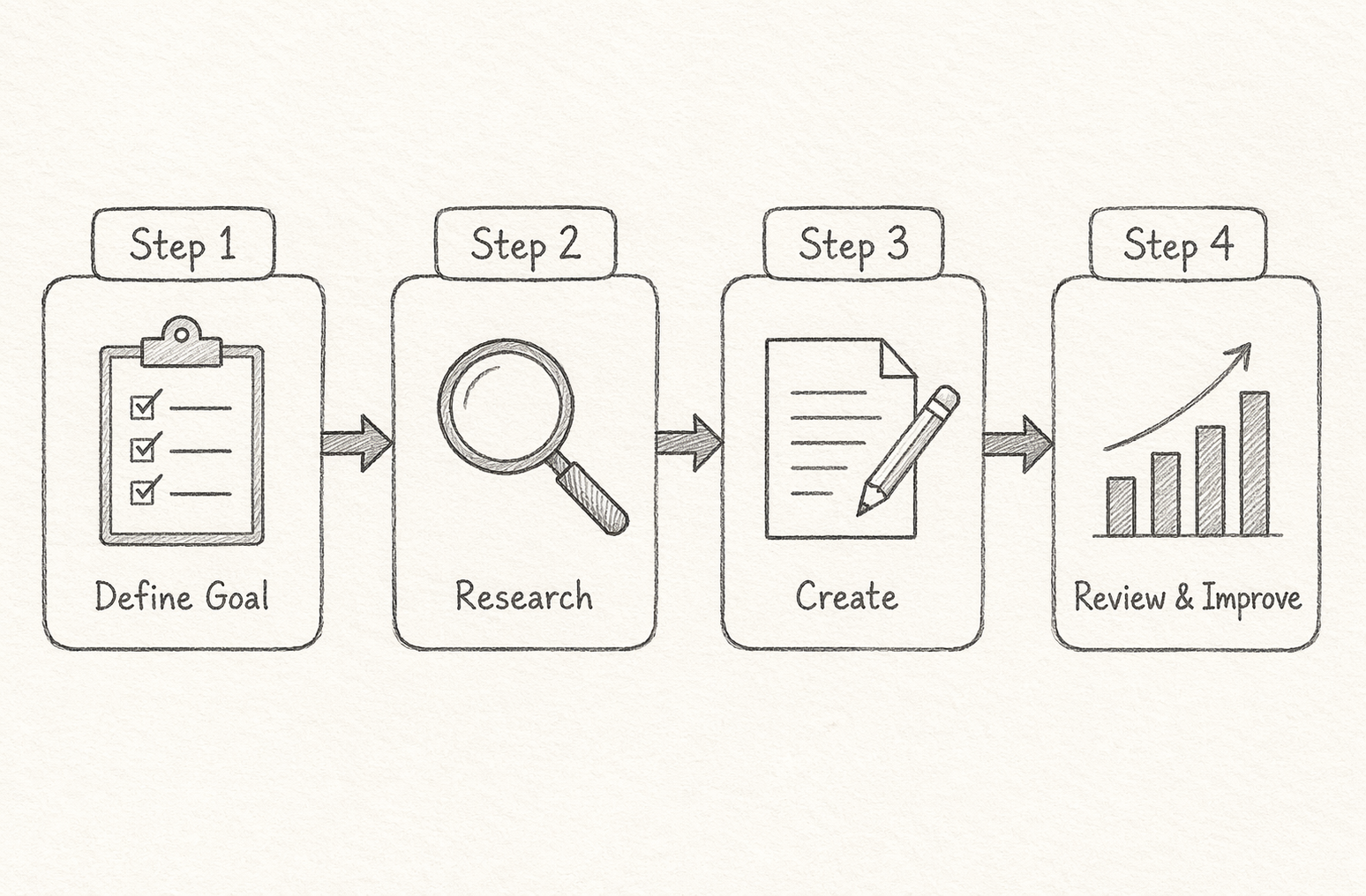 Pencil sketch workflow diagram with arrows