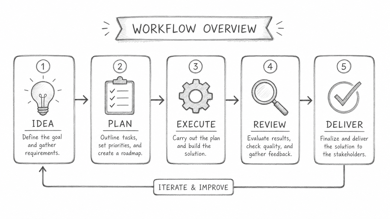 Pencil sketch workflow diagram with arrows