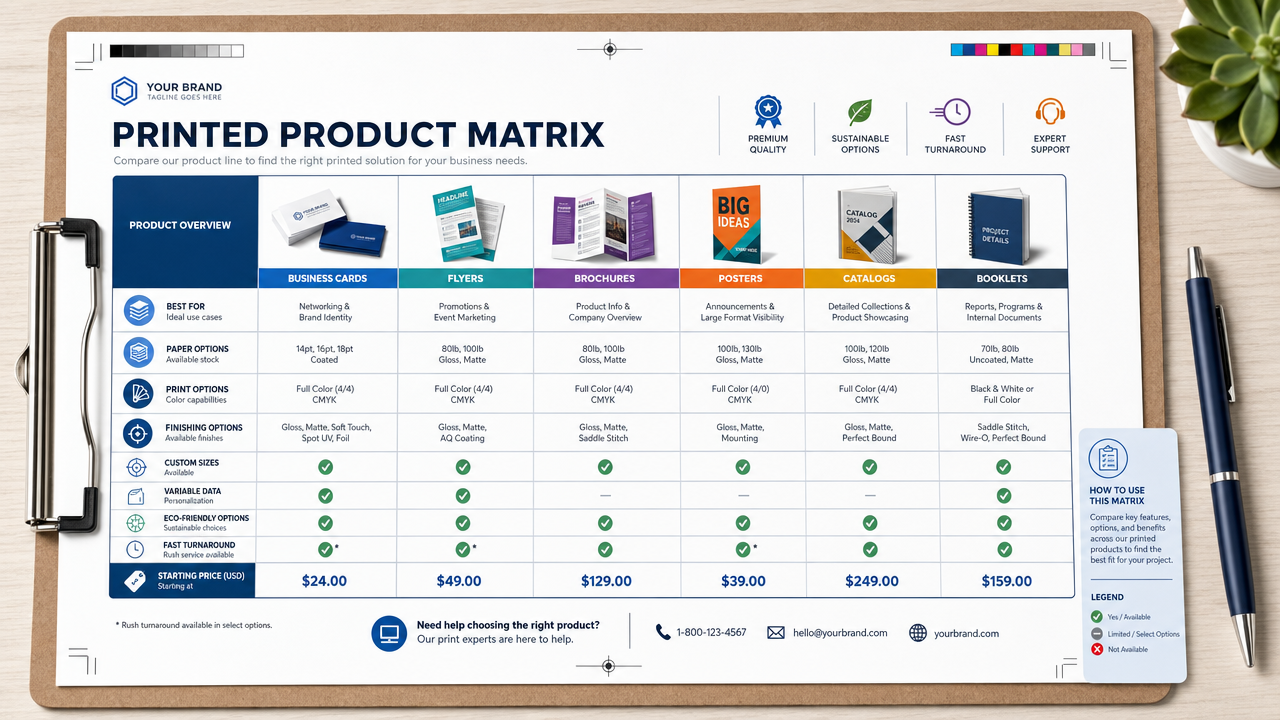 Printed product matrix comparison sheet