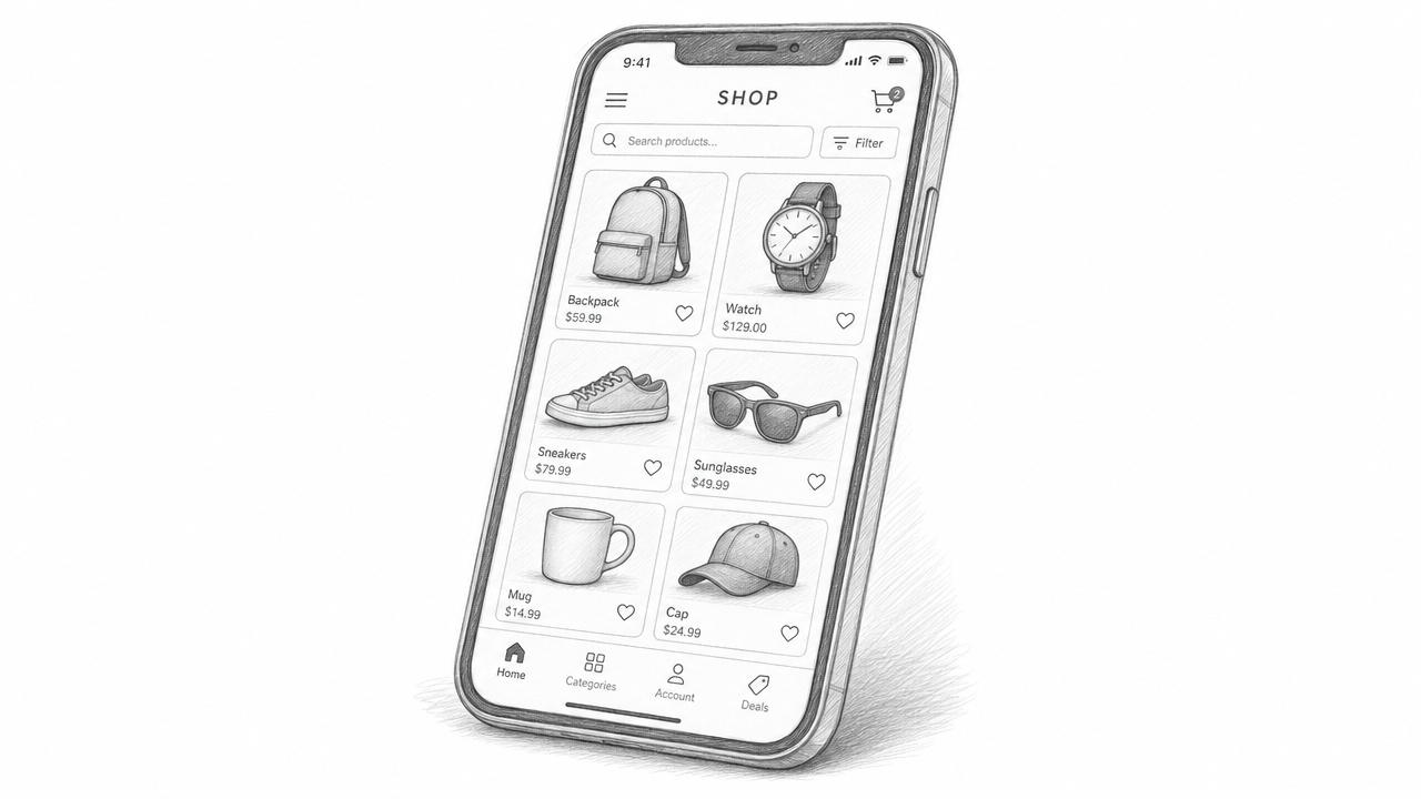 Pencil sketch of a phone displaying a product grid
