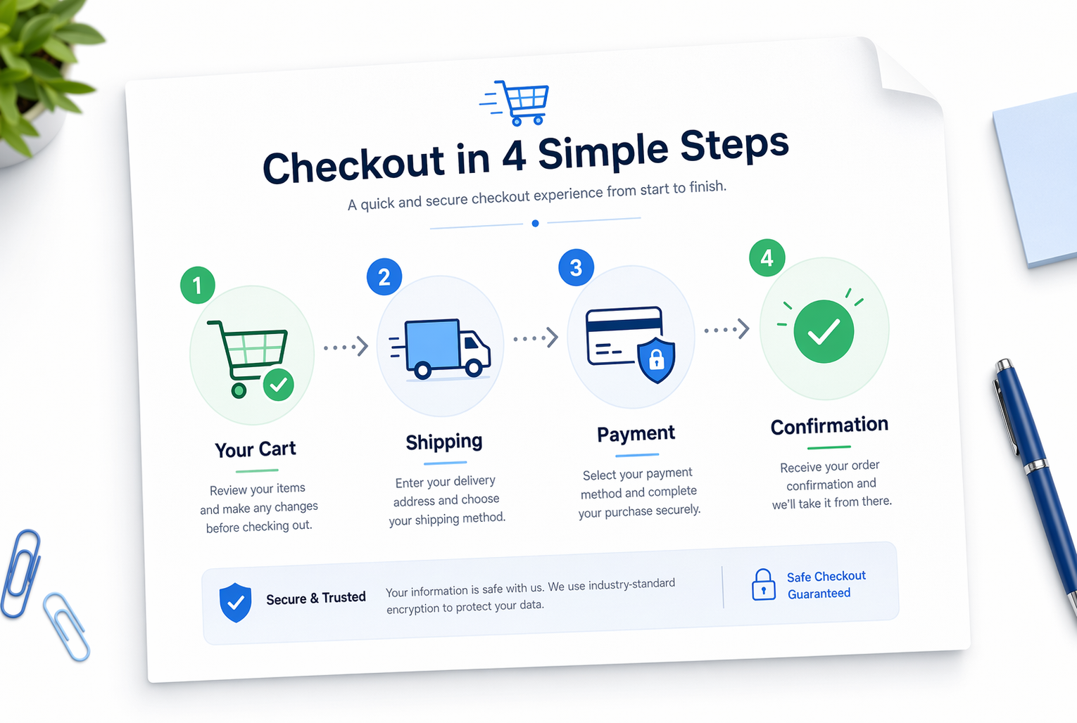 Checkout steps illustrated on paper