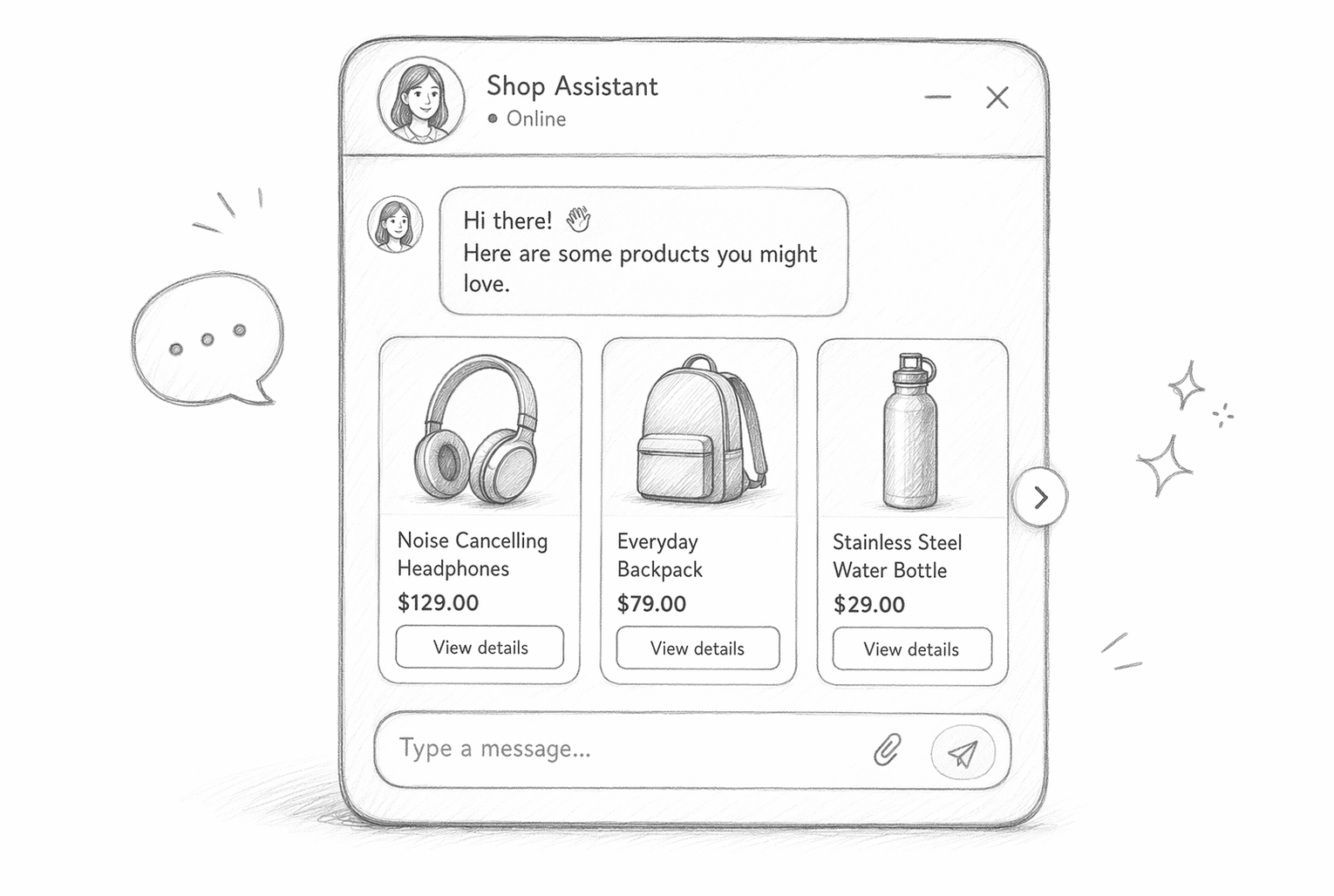 Pencil sketch of chat widget product cards