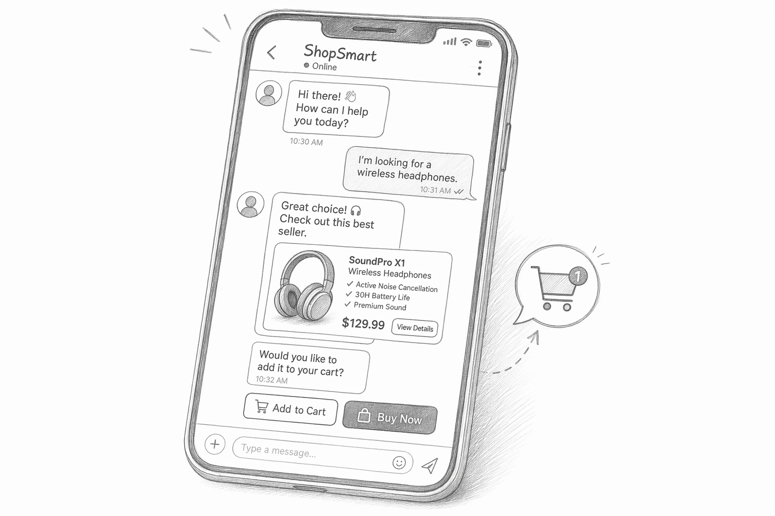 Pencil sketch of a phone chat sales screen