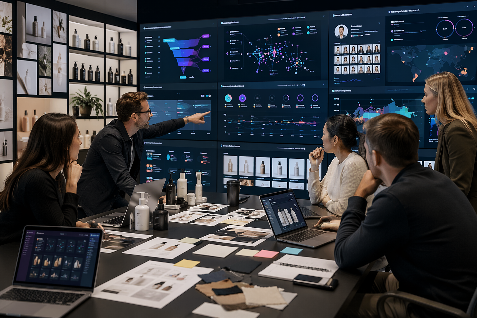 Merchandising team analyzing shopper data dashboards